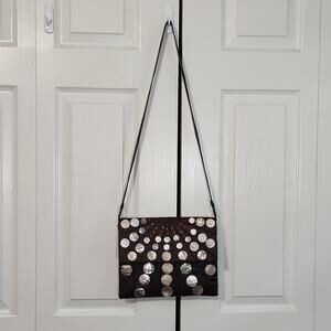 Vintage Brown Spun Silk Beaded Shell Crossbody Purse ‎ Magnetic Closure Unique